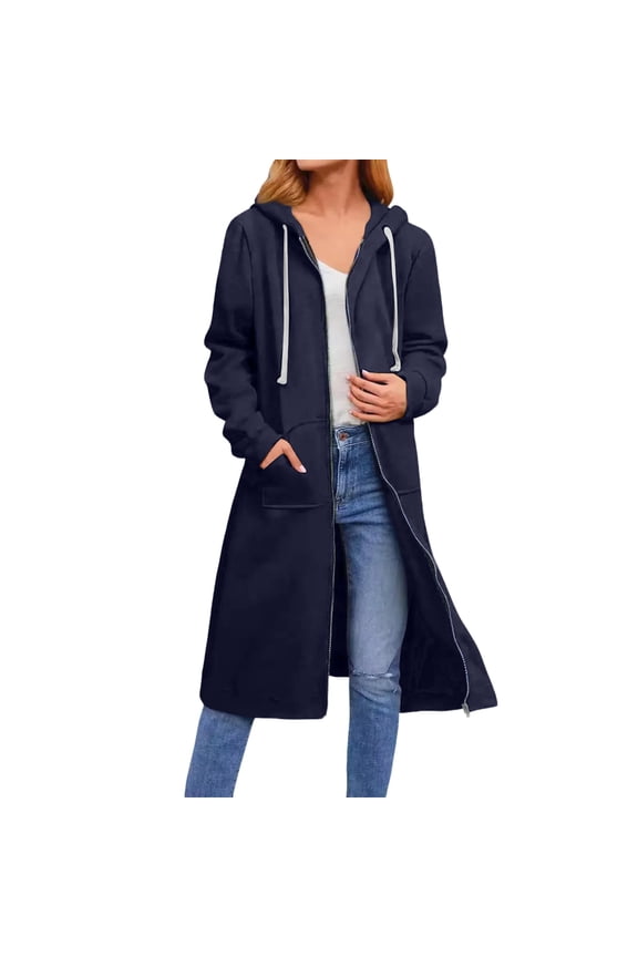 Women’s Long Hooded Zip Up Coat Full Length Casual Loose Fit Jacket with Drawstring and Pockets for Daily Wear Navy XL