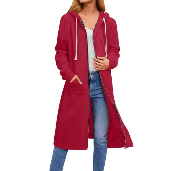 CharmCyan Women’s Long Hooded Zip Up Coat Full Length Casual Loose Fit Jacket with Drawstring and Pockets for Daily Wear Red 4XL