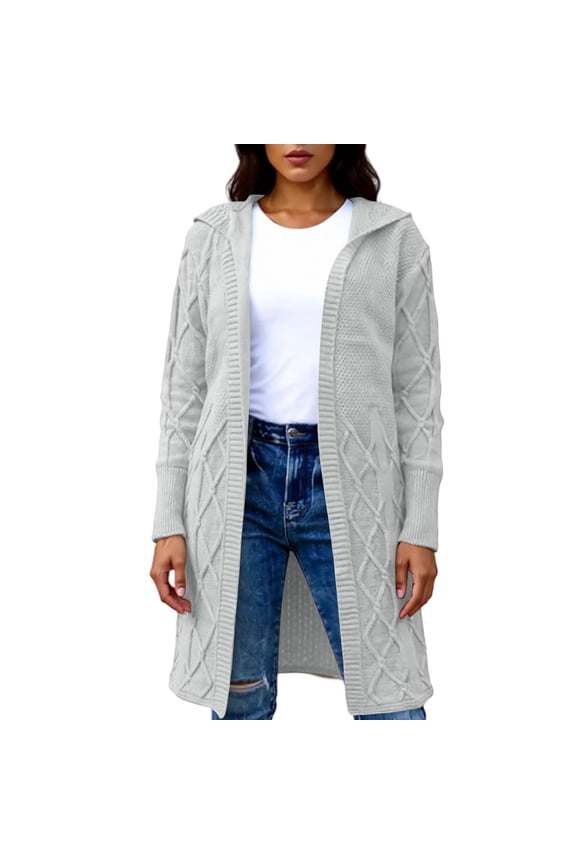 Women’s Long Knit Hooded Open Front Cardigan Lightweight Casual Sweater Duster with Ribbed Hem and Cable Pattern for Layering Gray M