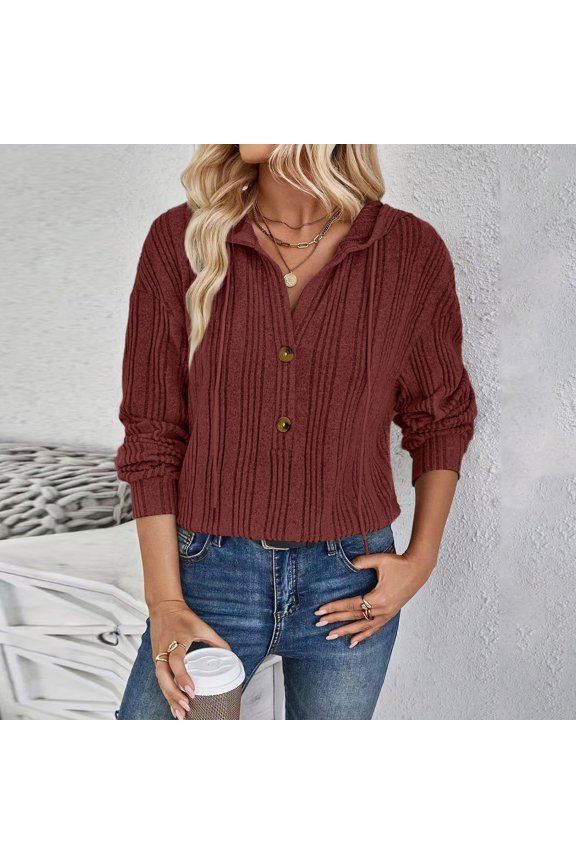 Women’s Long Sleeve Button Down Ribbed Knit Pullover Sweater Casual V Neck Soft Lightweight Top for Fall Winter Vermilion 2XL