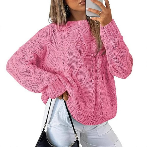 CharmCyan Women’s Long Sleeve Cable Knit Pullover Sweater Crew Neck Casual Loose Fit Soft Textured Knitwear Autumn Winter Top Pink S
