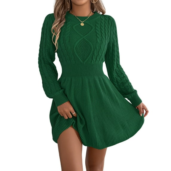 CharmCyan Women’s Long Sleeve Cable Knit Sweater Dress Crew Neck Ribbed Waist Flare Skirt Casual Pullover Soft Knitwear Dark Green L