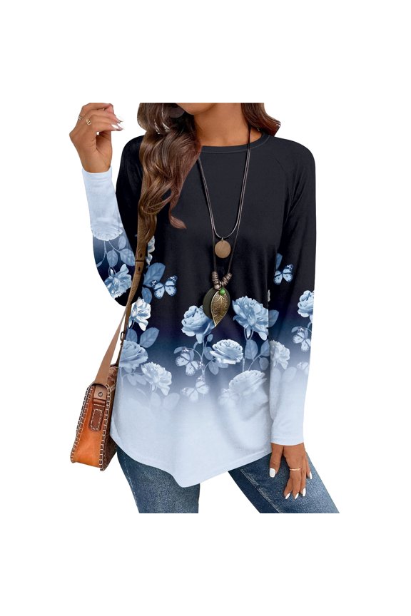 Women’s Long Sleeve Casual Tunic Top with Ethnic Inspired Geometric Print and Asymmetrical Hemline for Everyday Wear Navy S
