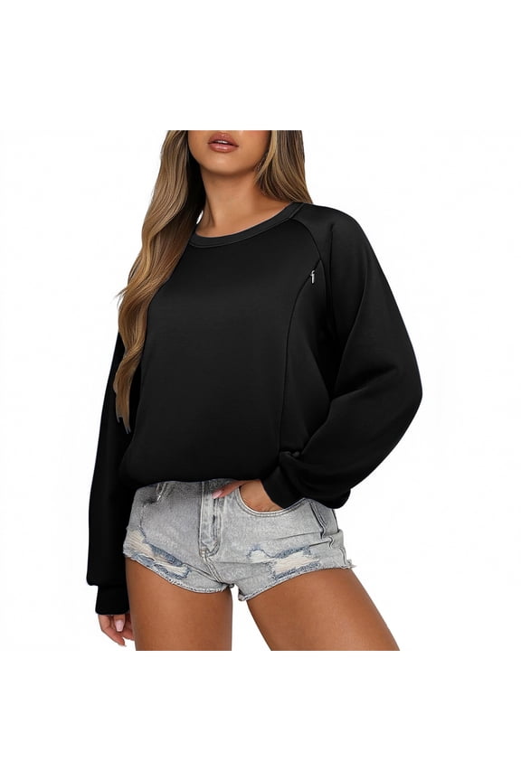 Women’s Long Sleeve Crew Neck Pullover Sweatshirt Casual Loose Fit Solid Basic Top for Everyday Wear/Relaxed Style Black M