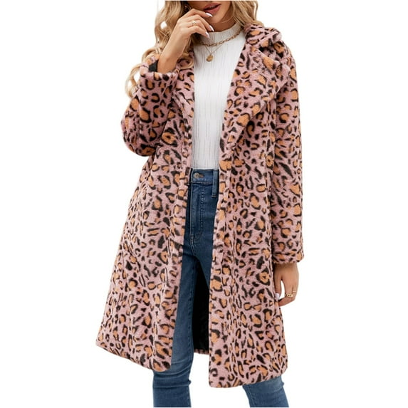 CharmCyan Women’s Long Sleeve Faux Fur Leopard Print Open Front Coat Mid Length Warm Outerwear Jacket with Pockets and Hood Pink 2XL