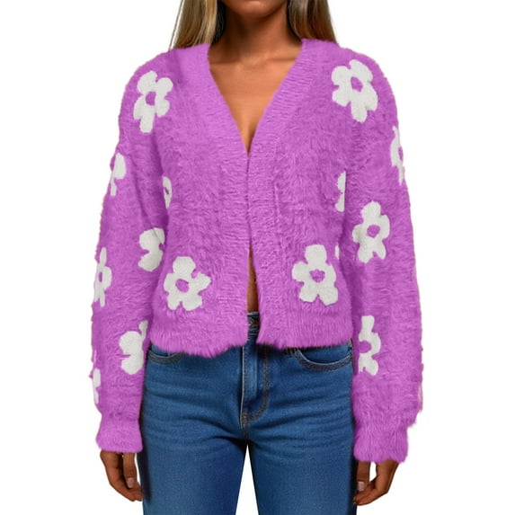 CharmCyan Women’s Long Sleeve Fluffy Knit Cardigan with Floral Pattern Open Front Soft Lightweight Sweater for Casual Wear Purple XL