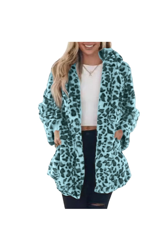 Women’s Long Sleeve Open Front Hooded Leopard Print Fleece Jacket with Pockets for Casual and Everyday Wear Green L