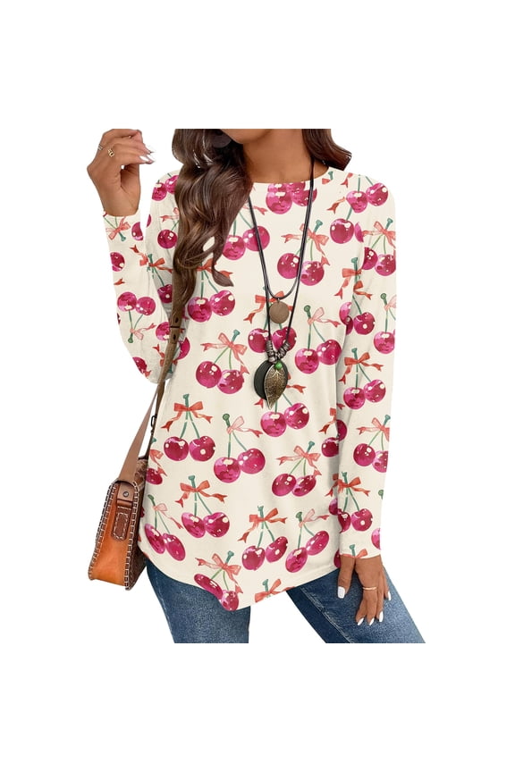 Women’s Long Sleeve Patchwork Heart Print Casual Loose Fit Tunic Top Crew Neck Soft Lightweight Shirt Blouse Beige 3XL