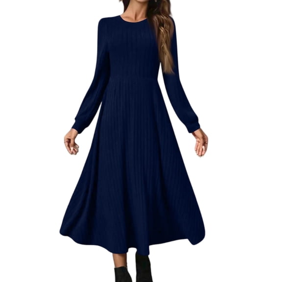 CharmCyan Women’s Long Sleeve Pleated Maxi Dress with Crew Neck Solid Ribbed Knit Fabric Elegant A Line Casual Style Comfortable Fit Dark Blue XL