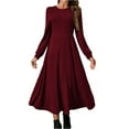 thumbnail image 1 of CharmCyan Women’s Long Sleeve Pleated Maxi Dress with Crew Neck Solid Ribbed Knit Fabric Elegant A Line Casual Style Comfortable Fit Wine S, 1 of 9