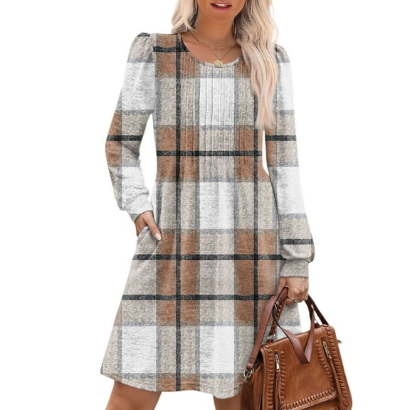 CharmCyan Women's Long Sleeve Pleated Round Neck Plaid Stripe Print Casual Dress With Pockets Brown XL