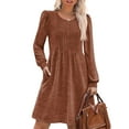 thumbnail image 1 of CharmCyan Women's Long Sleeve Pleated Round Neck Solid Color Casual Dress With Pockets Brown 2XL, 1 of 5