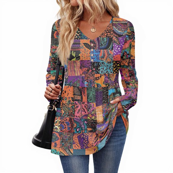 CharmCyan Women’s Long Sleeve V Neck Button Down Tunic Top Casual Loose Fit Blouse Elegant Flowy Shirt for Daily Wear Multicolor F S
