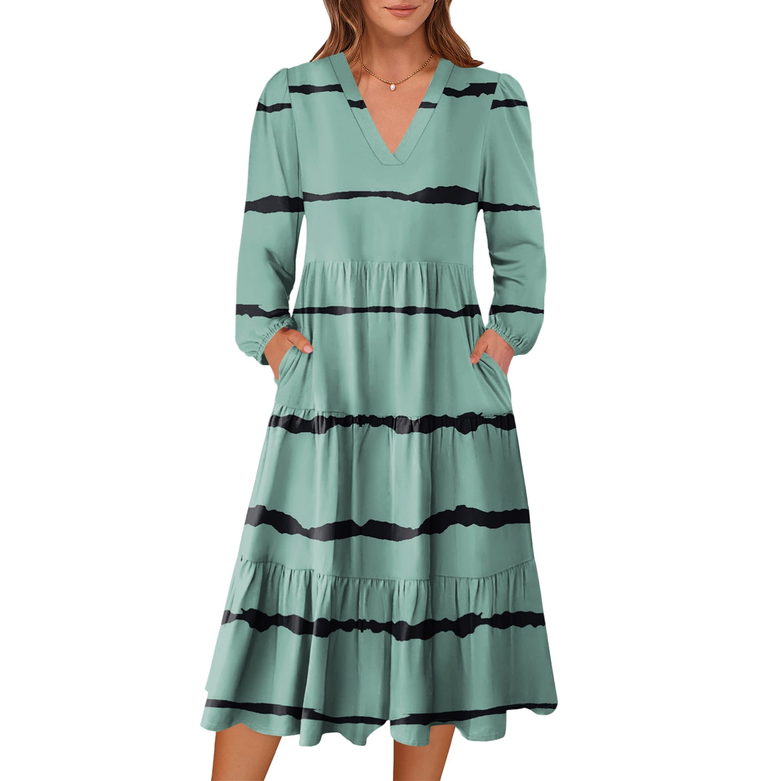 Women Deep V Long Sleeve Gradient Print Dress Long Skirt