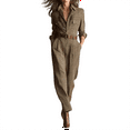 thumbnail image 1 of CharmCyan Women's Long Sleeved Lapel Button Retro Plaid Workwear Jumpsuit With Belt Included Light Brown XS, 1 of 4