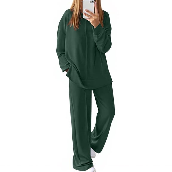 CharmCyan Women’s Loose Fit Two Piece Long Sleeve Top and Wide Leg Pants Set Comfortable Casual Matching Outfit for Daily Wear Green 2XL