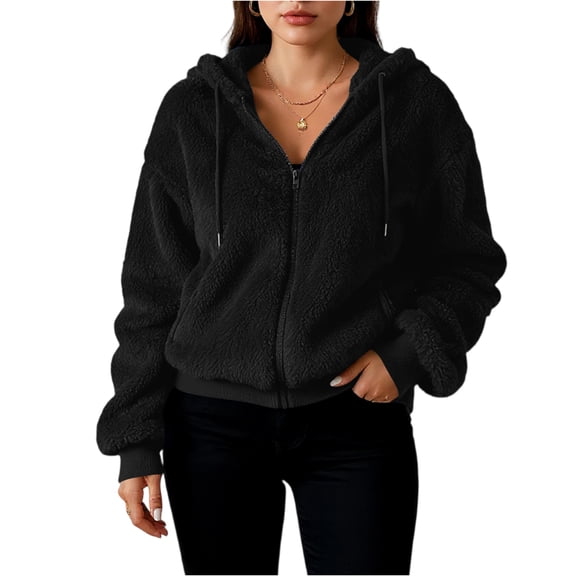 CharmCyan Women's Loose Winter Long Sleeve Cardigan Zipper Solid Color Plush Jacket Black XL