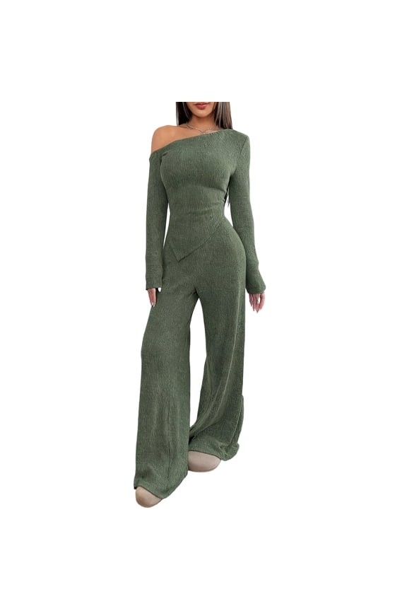 Women’s One Shoulder Long Sleeve Ribbed Knit Jumpsuit Wide Leg Elegant Casual Fit Soft Stretchy Fabric All Season Wear Army Green L