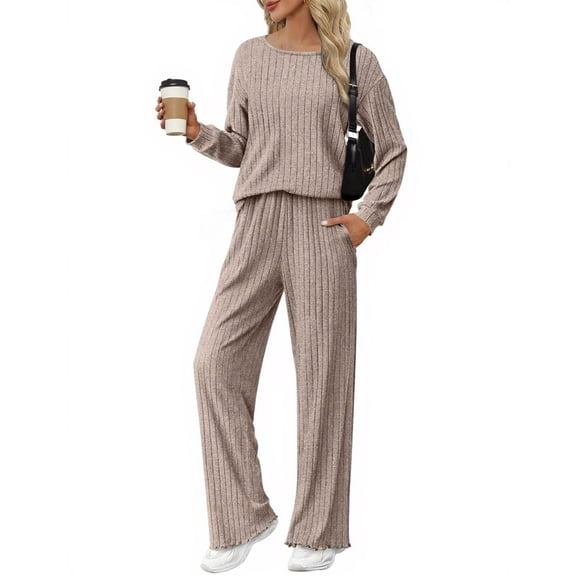 CharmCyan Women's Ribbed Long-sleeved Round-neck Loose And Casual Two-piece Set Khaki XL