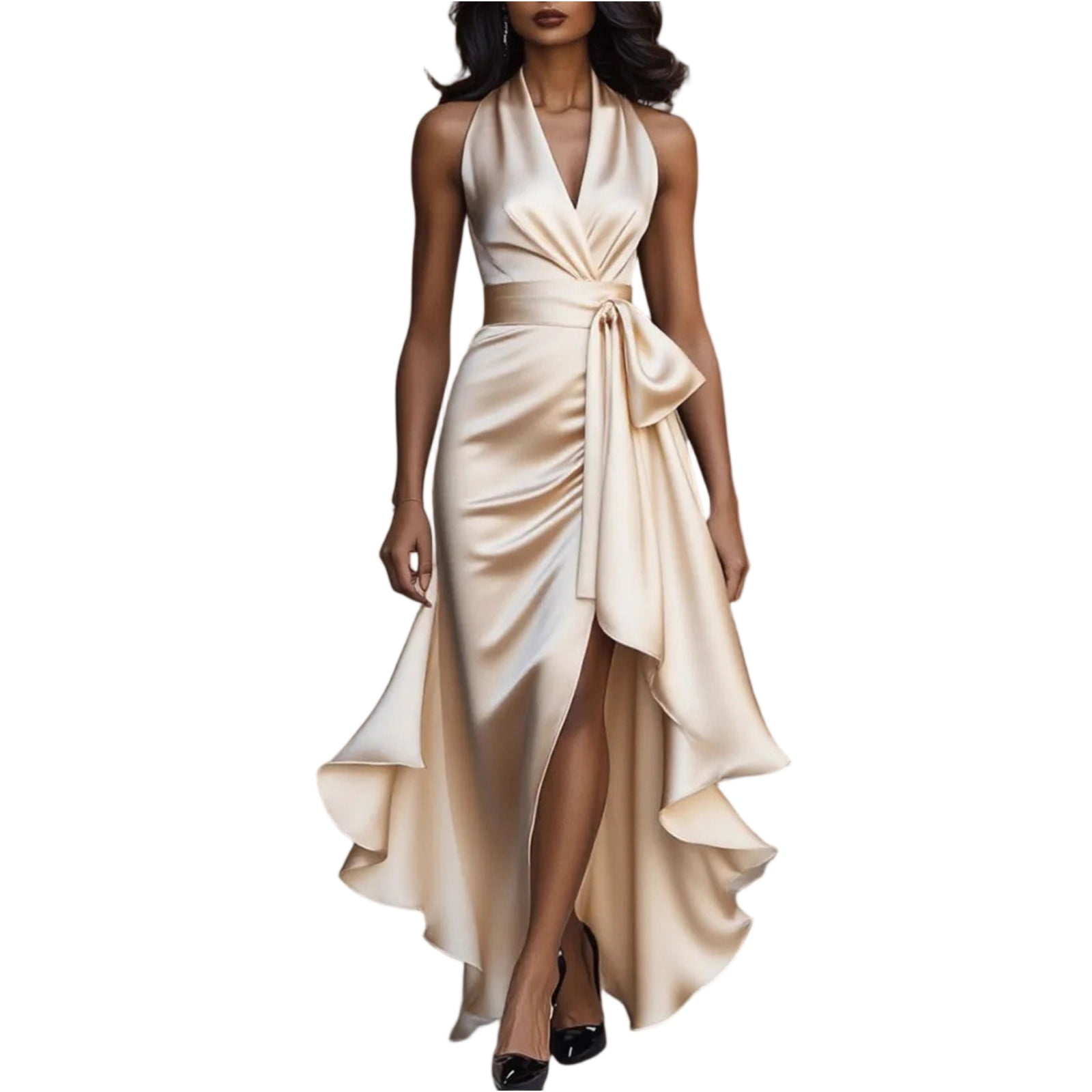 CharmCyan Women's Satin High Low Halter Neck Sleeveless Evening Dress — free download