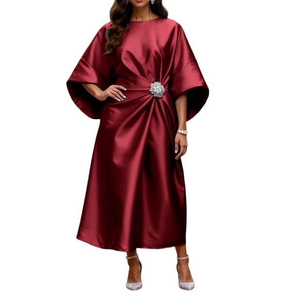 CharmCyan Women’s Satin Kimono Sleeve Midi Dress with Draped Waist and Decorative Brooch Elegant Loose Fit Gown for Formal Events Red 2XL