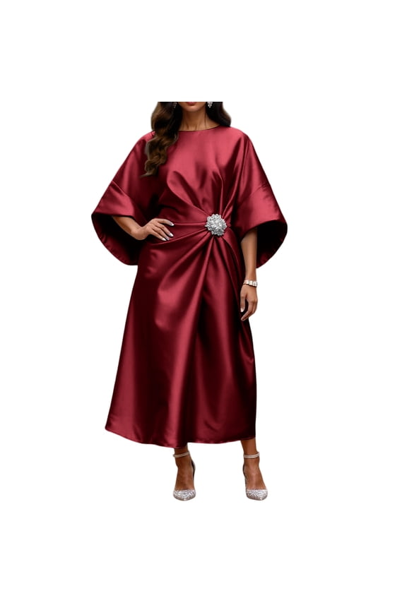 Women’s Satin Kimono Sleeve Midi Dress with Draped Waist and Decorative Brooch Elegant Loose Fit Gown for Formal Events Red L
