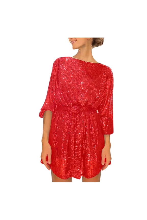 Women’s Sequin Mini Dress with Batwing Sleeves and Adjustable Waist for Evening Party Events and Special Occasions Red 2XL
