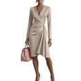 thumbnail image 1 of CharmCyan Women's Solid Color Bodycon Skirt Long-sleeved V-neck Pleated Design Sense Dress Champagne L, 1 of 4