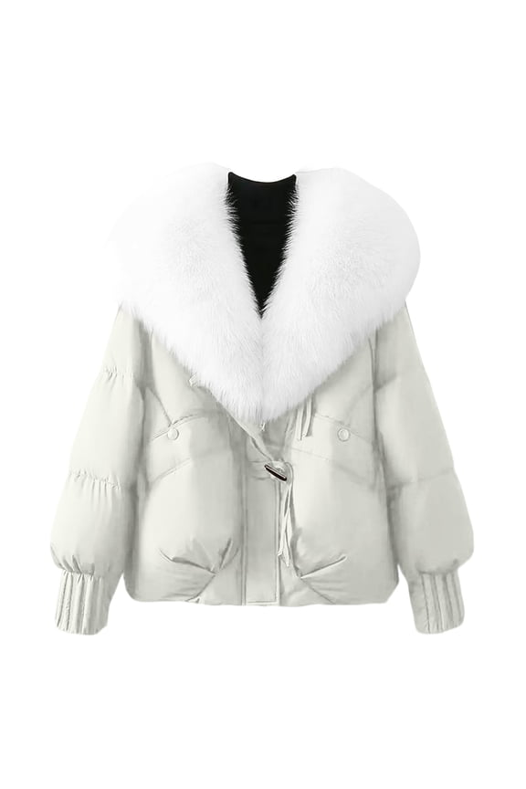 Women's Solid Color Fashionable Thick Warm Temperament Cotton Jacket With Large Collar Cotton Coat Jacket Beige L
