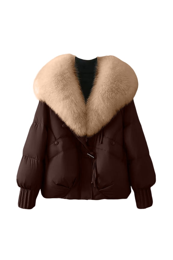 Women's Solid Color Fashionable Thick Warm Temperament Cotton Jacket With Large Collar Cotton Coat Jacket Light Brown 2XL