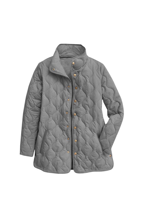 Women's Solid Color Stand-Up Collar Pleated Cotton Long Sleeve Button-Up Jacket Gray S