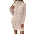 thumbnail image 1 of CharmCyan Women’s Turtleneck Long Sleeve Cable Knit Sweater Dress Pullover Casual Loose Fit Winter Knitwear Jumper Dress Beige L, 1 of 6
