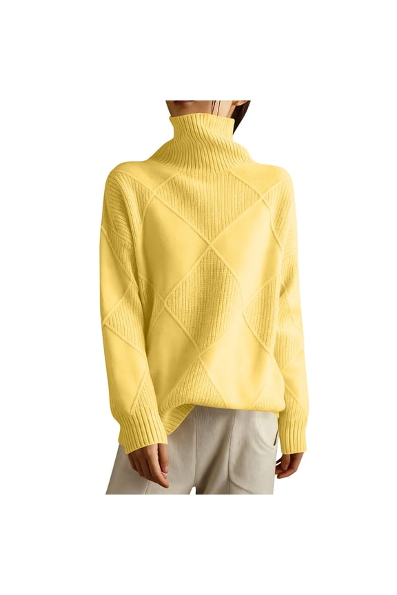 Women’s Turtleneck Pullover Sweater Long Sleeve Knitted Top Loose Fit Diamond Pattern Ribbed Design Soft Material Yellow 2XL