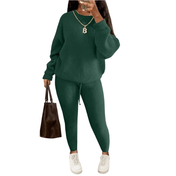 CharmCyan Women’s Two Piece Knit Sweater Set Long Sleeve Pullover Top and High Waist Pants Casual Lounge Outfits for Fall Winter Dark Green M