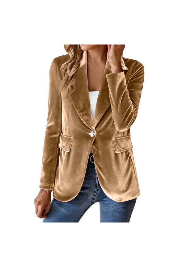 Women’s Velvet Blazer Single Button Lapel Collar Long Sleeve Tailored Fit Jacket with Flap Pockets for Office Casual Wear Earthy Yellow 2XL