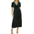 thumbnail image 1 of CharmCyan Women’s Velvet Midi Dress with Puff Short Sleeves V Neck Tiered Skirt and Relaxed Fit for Casual or Formal Wear Dark Green S, 1 of 6