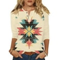 thumbnail image 1 of CharmCyan Women's Vintage Patchwork Print Henley Shirt, 3/4 Sleeve Casual Loose Fit Blouse, Boho Retro Colorblock Tops for Spring Fall Beige L, 1 of 1