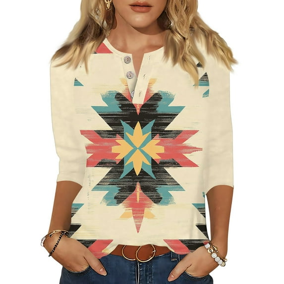 CharmCyan Women's Vintage Patchwork Print Henley Shirt, 3/4 Sleeve Casual Loose Fit Blouse, Boho Retro Colorblock Tops for Spring Fall Beige L
