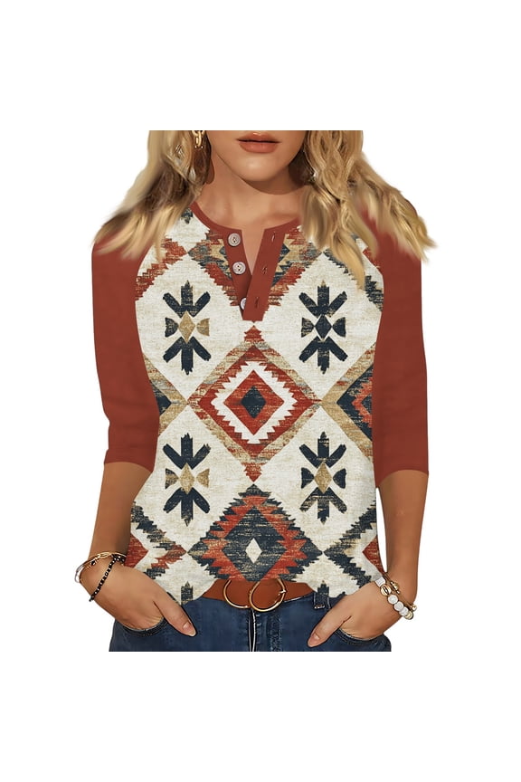 Women's Vintage Patchwork Print Henley Shirt, 3/4 Sleeve Casual Loose Fit Blouse, Boho Retro Colorblock Tops for Spring Fall Deep Red L