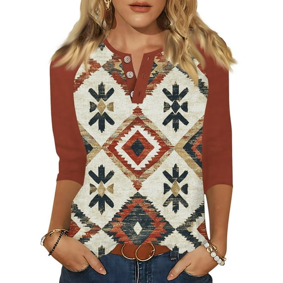 CharmCyan Women's Vintage Patchwork Print Henley Shirt, 3/4 Sleeve Casual Loose Fit Blouse, Boho Retro Colorblock Tops for Spring Fall Deep Red M