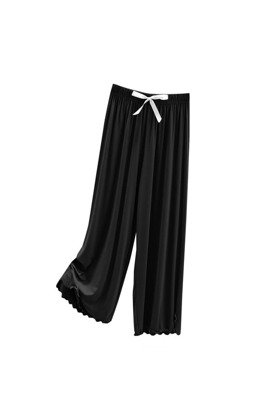 Women’s Wide Leg Pajama Pants Soft Stretch Jersey Elastic Waist Drawstring Loose Lounge Sleep Bottoms Casual Trousers Black M