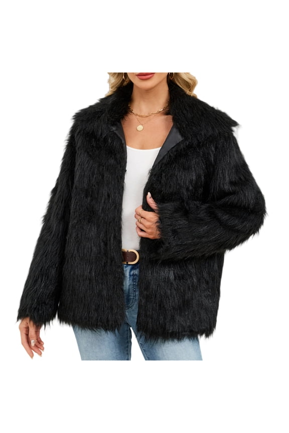 Women's Winter Fashion Casual Lapel Plush Mid-length Coat Black 2XL