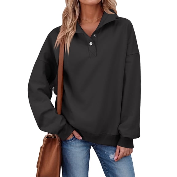 CharmCyan Womens Casual Long Sleeve Pullover Sweatshirt with Button Collar Loose Fit Tops for Everyday Comfort and Style Black 2XL