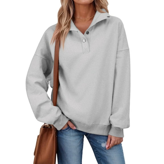 CharmCyan Womens Casual Long Sleeve Pullover Sweatshirt with Button Collar Loose Fit Tops for Everyday Comfort and Style Gray L