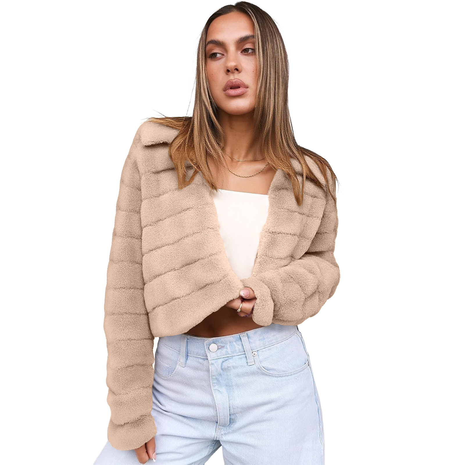 CharmCyan Womens Cropped Faux Jackets Long Sleeve Open Front Short ...
