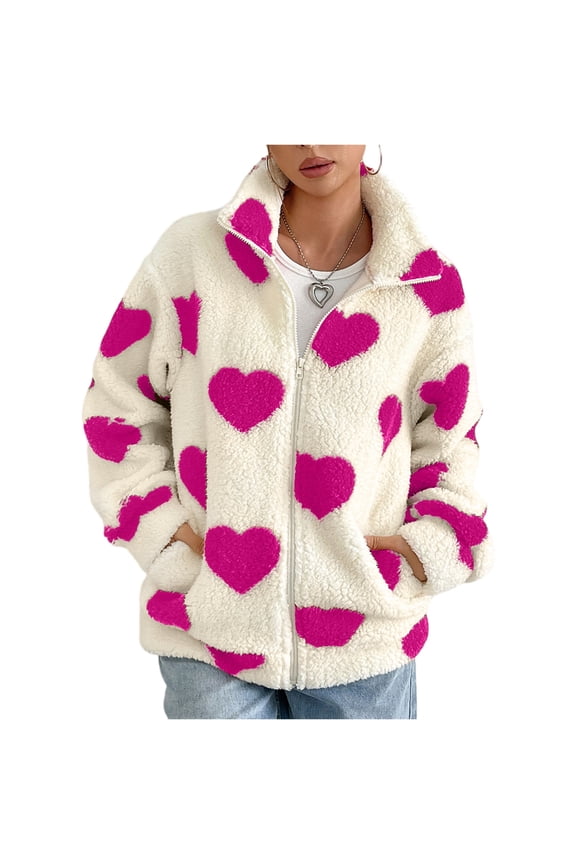 Womens Fleece Full Zip Jacket with Heart Pattern Long Sleeve Stand Collar Soft Sherpa Outerwear Casual Warm Coat Hot Pink 2XL