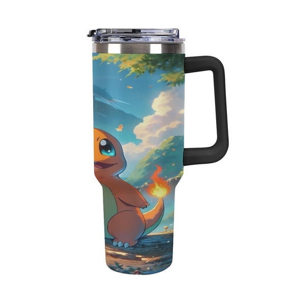 Charmander 40oz Large Capacity Car Cup Tumbler with Handle And Straw Lid, Insulated Stainless Steel Double Wall Vacuum Travel Mug, Leak-proof Large Capacity Car Cup,Cupholder Friendly, Keeps Cold Or H