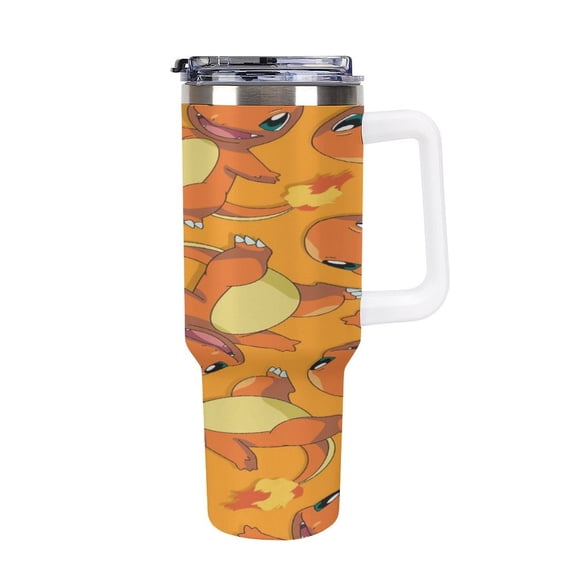 Charmander 40oz Large Capacity Car Cup Tumbler with Handle And Straw Lid, Insulated Stainless Steel Double Wall Vacuum Travel Mug, Leak-proof Large Capacity Car Cup,Cupholder Friendly, Keeps Cold Or H