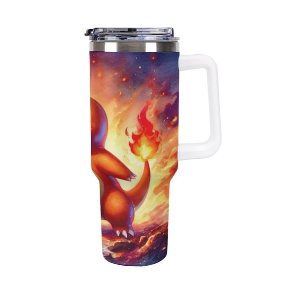 Charmander 40oz Large Capacity Car Cup Tumbler with Handle And Straw Lid, Insulated Stainless Steel Double Wall Vacuum Travel Mug, Leak-proof Large Capacity Car Cup,Cupholder Friendly, Keeps Cold Or H
