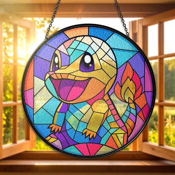 Charmander Stained Glass Suncatcher Charmander Hanging Decor, Cute Anime Gift for Gamers Collectors, Fire type Generation 1 Suncatcher Decor
